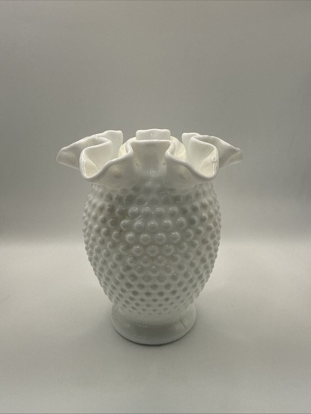 Fenton White Milkglass Hobnail Ruffled Double Crimped Glass Vase 6" Tall